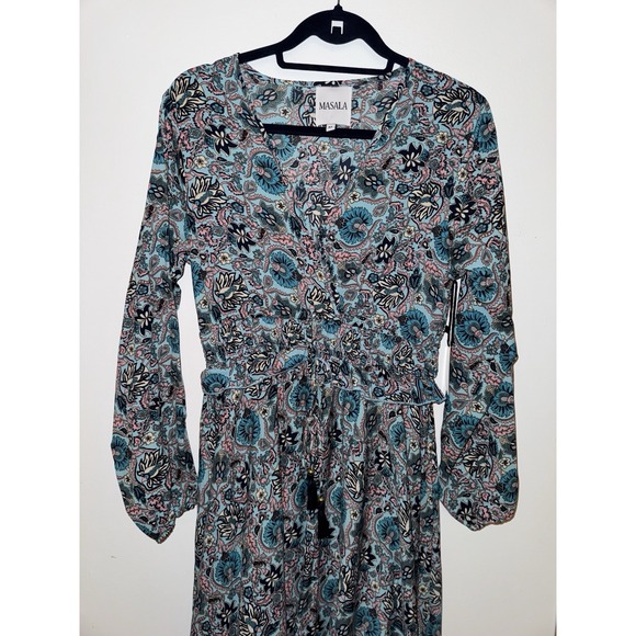 Masala Maxi dress W a blue and white floral V-neck Long-fit sleeves SZ L - Picture 4 of 15